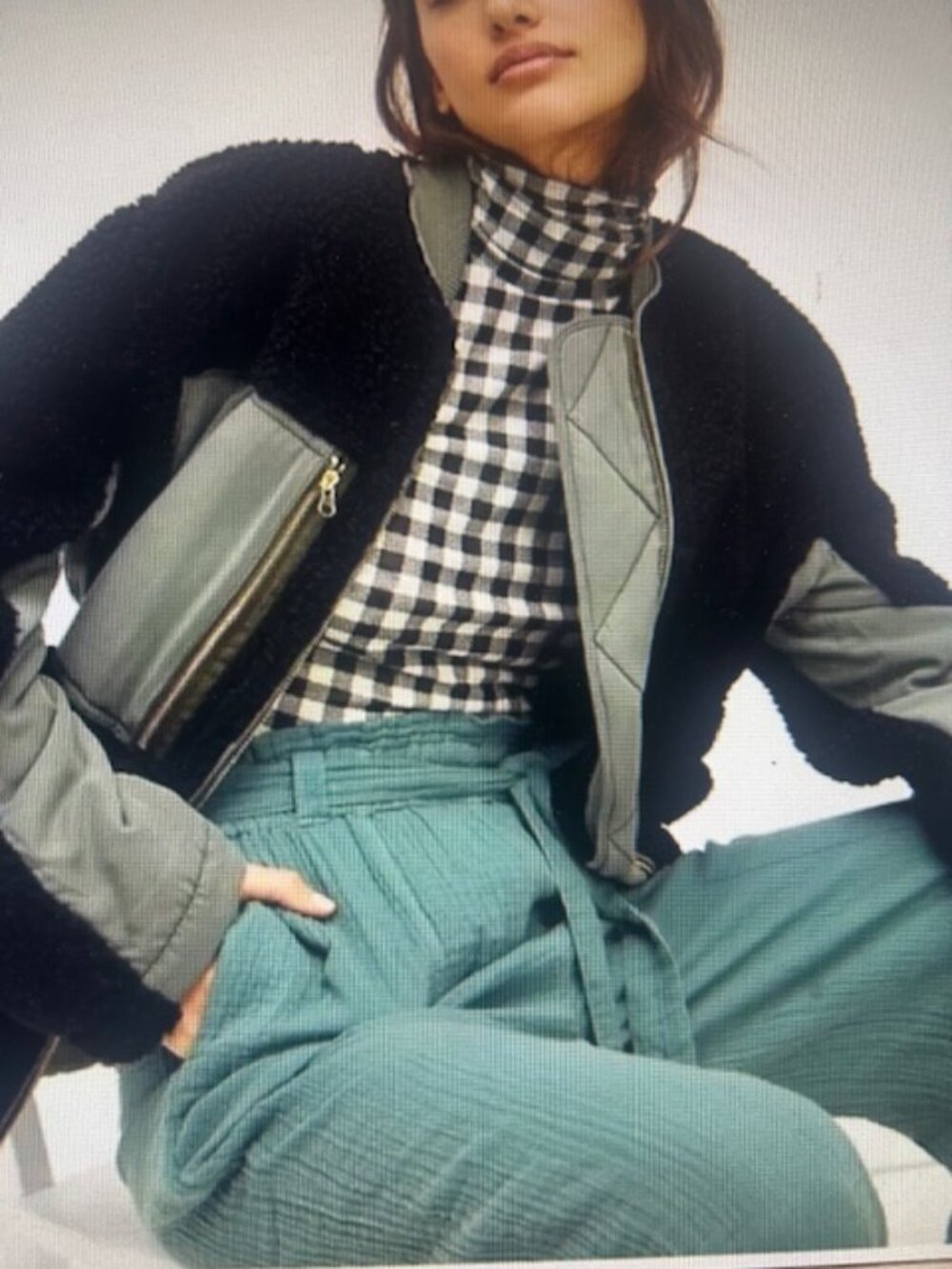 We The Free Free People Rivington Black Soft Sherpa Olive Trim Quilted Jacket